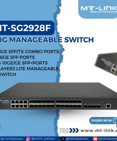 MT‑LINK SG2928F‑2AC 24‑port gigabit managed switch with dual power supplies and four 10 Gbps SFP+ ports – front view
