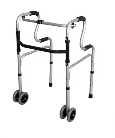 Imported aluminium foldable walker with front double round wheels and 4 swivel castors for seniors and patients, imagecaption=Lightweight height‑adjustable aluminium rollator – perfect for safe mobility.