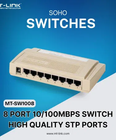 MT‑LINK Soho Switch MT SW1008 8‑Port 10/100Mbps Ethernet Switch with LED indicators and high‑quality STP ports , imagecaption=MT‑LINK Soho Switch MT SW1008 – 8‑Port Fast Ethernet Switch featuring auto‑negotiation, Auto MDI/MDIX, and 1‑Year Warranty .