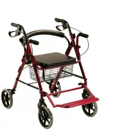 Imported Rollator Walker with big wheels and footrest – 2‑in‑1 mobility aid in blue and red, imagecaption=Imported 2‑in‑1 Rollator Walker & Wheelchair featuring large heavy‑duty wheels and a foldable footrest.