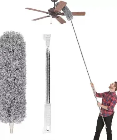 Microfiber duster extension pole with swivel head reaching a ceiling fan, showing the extendable 30‑100 inch pole and washable microfiber cloth
