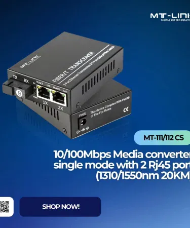MT LINK MT‑111CS/112CS media converter pair front view, imagecaption=MT LINK Media Converter (MT‑111CS/112CS) – 100Mbps WDM Single‑Mode Fiber to Copper Converter,