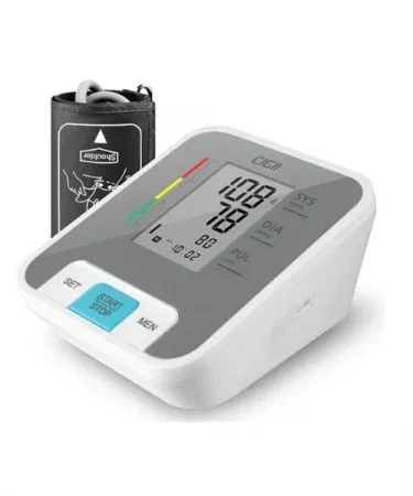 Automatic digital blood pressure monitor with large upper‑arm cuff and colorful LED display, imagecaption=Front view of the automatic digital BP monitor showing the LED screen and USB charging port,