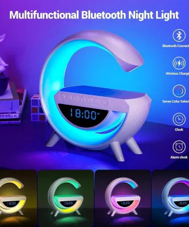 BT3401 LED Wireless Phone Charger Bluetooth Speaker – multi‑function night light with wireless charging and Bluetooth audio, imagecaption=BT3401 LED Night Light with 15W wireless charger, Bluetooth speaker, alarm clock and 13‑color mood lighting.