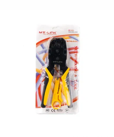 MT‑LINK 3‑in‑1 modular crimping tool with yellow handle, integrated wire stripper and PVC jacket cutter , imagecaption=MT‑LINK 3‑Way Modular Crimping Tool – Yellow, includes RJ45/RJ12/RJ11 punches and wire stripping blade ,