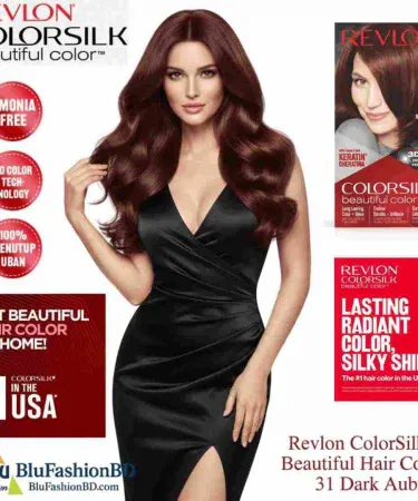 REVLON Hair Color Silk Dark Auburn 31 bottle with vibrant auburn shade on a white background, imagecaption=REVLON Silk Hair Color – Dark Auburn 31 – Premium salon shade available on Khareedo & Kharedo.