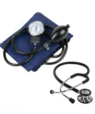 BP Apparatus Manual Blood Pressure Monitor with Aneroid Sphygmomanometer and Stethoscope – front view, imagecaption=Complete manual BP kit showing cuff, gauge, inflation bulb and stethoscope,