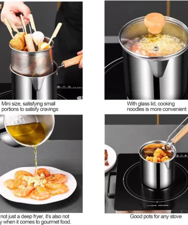 Stainless steel deep fryer with detachable basket, showing 28 L capacity and sleek finish, imagecaption=Premium 28 L stainless steel deep fryer with basket – ideal for crispy chicken wings, french fries, and more.