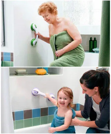 Helping Handle for Bathroom Safety strong suction cup grab bar installed on smooth bathroom tiles, imagecaption=Strong suction cup grab bar – portable, no‑drill safety rail for showers and bathtubs.