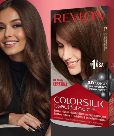 Revlon Colorsilk Hair Color 47 Medium Rich Brown tube with brush, showing rich brown shade