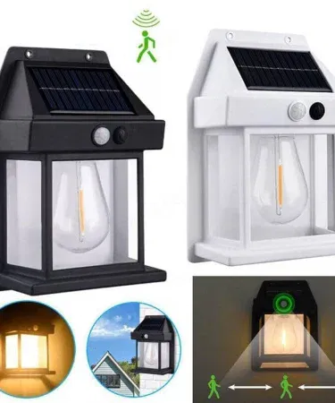 Solar Charge Motion Sensor Waterproof Wall Lamp 888 installed on an outdoor wall, solar powered LED lighting, IP65 waterproof design, motion detection activation, eco‑friendly illumination,