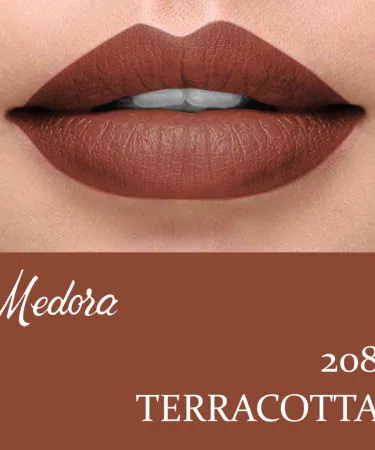 Madora Matte Lipstick Shade 208 Terracotta in sleek packaging, imagecaption=Elegant brown matte shade 208 Terracotta – perfect for daily and party wear,