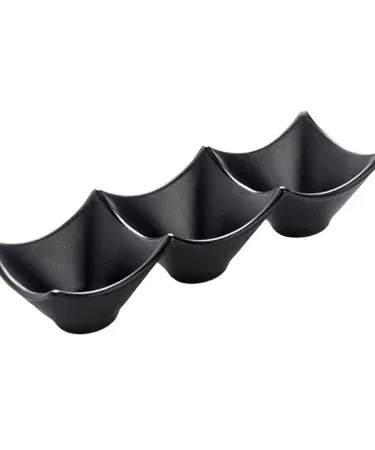 Three compartment plastic dip sauce tray with three sections for sauces, chutney, ketchup, mayo and pickles on a dining table.
