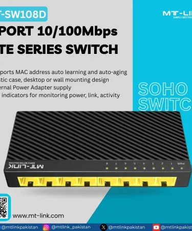 MT‑LINK Soho Switch SW108D 8‑Port 10/100Mbps Unmanaged Ethernet Switch – compact desktop design, LED indicators, and external power adapter.