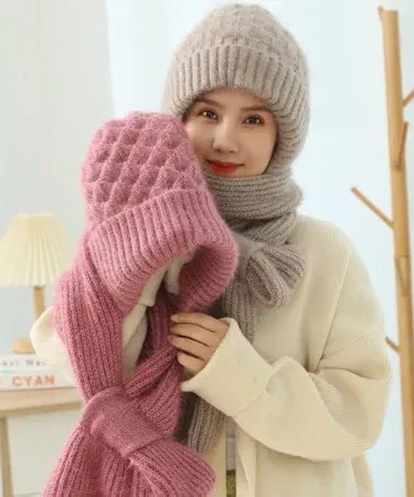 Ladies Winter Cap with Scarf – warm woolen beanie and matching scarf set in random colors, soft knitted winter accessory for women