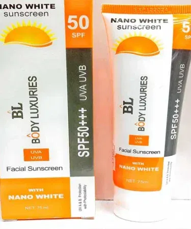 Body Luxuries Nano White Facial Sunscreen SPF 50+ PA++++ 75ml tube with bright white packaging, imagecaption=Body Luxuries Nano White Facial Sunscreen – Ultra high protection SPF 50+ PA++++ for men and women, available on Khareedo.