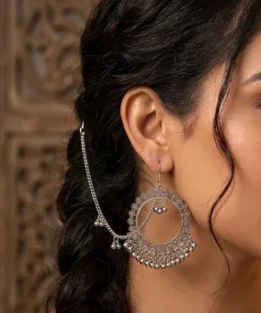 Traditional Kashmiri Jhumka Earrings in silver and gold finish, perfect for wedding and mehndi party, handcrafted filigree design,