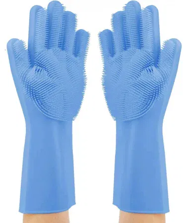Pair of 2 heat‑resistant silicone kitchen gloves with non‑slip grip for cooking, baking, and grilling – white silicone gloves shown on kitchen countertop.