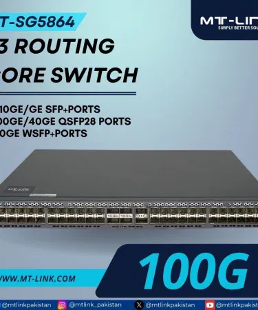 MT‑LINK MT‑SG5864‑2AC manageable network switch front view, imagecaption=MT‑LINK MT‑SG5864‑2AC Managed Switch – Dual Power Supply, 48×10GE/GE SFP+ Ports, 2×40GE QSFP+, 4×100GE/40GE QSFP28 Ports.