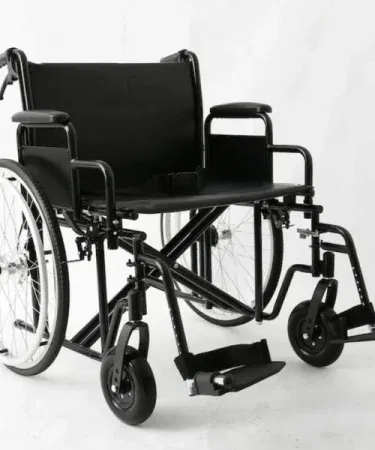 Super Wide Seat Heavy Duty Black Wheelchair with Flip‑up Armrests and Foldable Design, imagecaption=Super Wide Seat Heavy Duty Wheelchair – Black, Foldable, High Capacity for Heavy Users,
