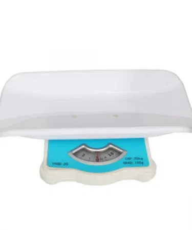 Analog baby weight scale showing clear dial and newborn on platform, imagecaption=High‑quality analog baby weight scale – accurate, portable, and safe for newborns and infants.
