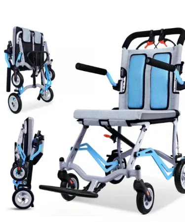 Imported lightweight folding wheelchair with small rims and handbrake, perfect for aircraft travel and portable use in Pakistan.