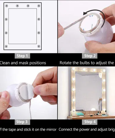 10-bulb USB operated Hollywood vanity light with warm, cool, and natural LED modes on a dressing table