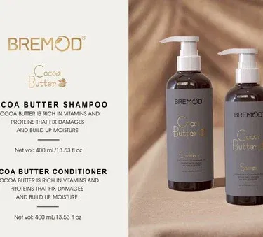 “Bremod Cocoa Butter Shampoo and Conditioner Set 400ml each – nourishing hair care product” , imagecaption=“Bremod Cocoa Butter Hair Care Set – smooth, shiny, soft hair”