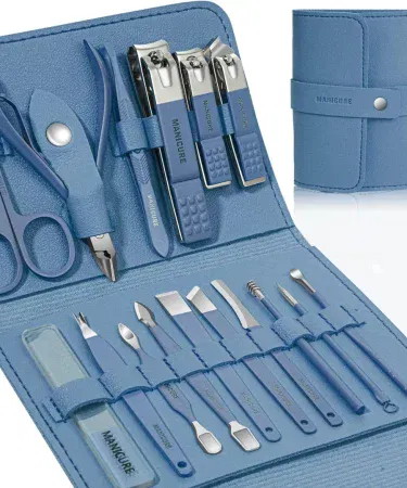 Professional 16-piece stainless steel manicure pedicure grooming kit with nail clippers, cuticle pushers, tweezers, files, and grooming tools