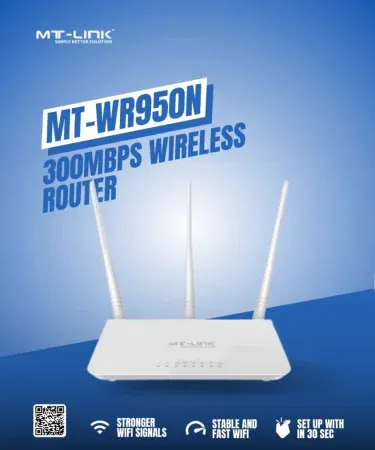 MT‑LINK WR950N 300Mbps Wireless Router with three 5dBi antennas, compact black housing, and LED status lights