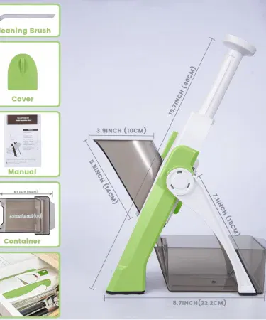 Mandoline vegetable slicer with 5 interchangeable blades, adjustable thickness settings, built‑in container and safety holder for fast kitchen prep