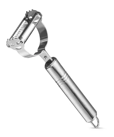 Stainless steel double‑blade julienne and vegetable peeler with ergonomic non‑slip handle, showing both julienne and peeling edges