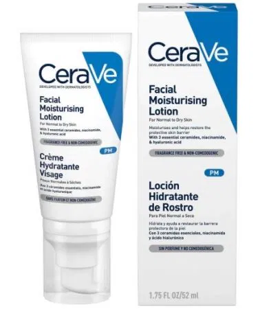 CeraVe Facial Moisturising Lotion PM 52ml – oil‑free, fragrance‑free, non‑greasy night moisturizer for dry, oily and sensitive skin, packaged in a sleek white tube.
