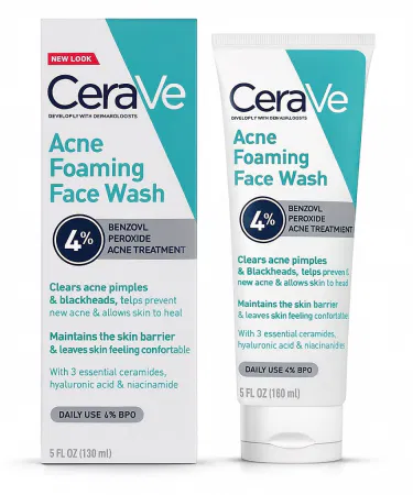CeraVe Acne Face Wash 100ml – Anti‑Acne Foaming Cleanser with 4% Benzoyl Peroxide, Ceramides, Niacinamide & Hyaluronic Acid for oily and acne‑prone skin