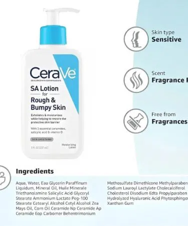 CeraVe SA Lotion Moisturizer 237ml – lightweight, non‑greasy exfoliating body lotion for rough and bumpy skin