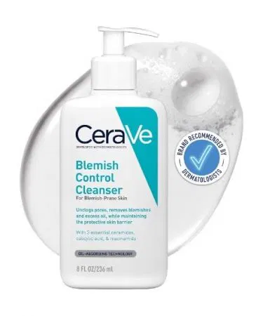 CeraVe Blemish Control Cleanser 236ml bottle with salicylic acid, niacinamide and ceramides for oily, blemish‑prone skin, imagecaption=CeraVe Blemish Control Cleanser – gentle deep cleansing for clear, smooth skin.