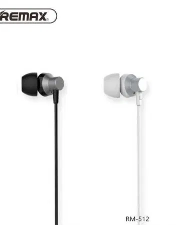 Remax Metal Stereo Music Handfree RM 512 premium earphones with mic, ergonomic design, 3.5mm nickel‑plated plug – high‑purity OFC copper wire