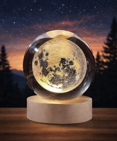 3D galaxy crystal ball lamp with wooden LED base moon night light sold in Pakistan