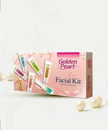 Golden Pearl Facial Kit – complete at‑home skincare set with cleanser, scrub, mask and cream, showing glowing skin results