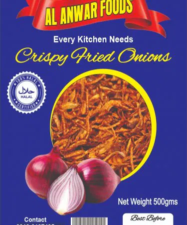 Al Anwar Foods Crispy Fried Onions 500g pack – golden, crunchy onions for cooking, imagecaption=Al Anwar Foods 500g Crispy Fried Onions – perfect topping for biryani, salads, and more,