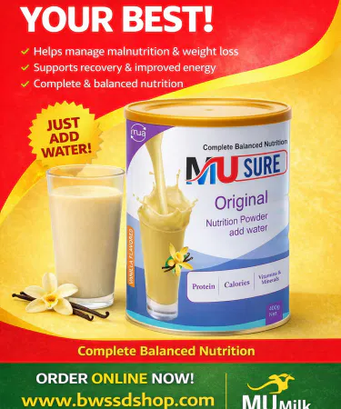 MU Sure (400g) complete balanced nutrition powder in a white sachet with water being mixed, showing a healthy drink ready to consume.