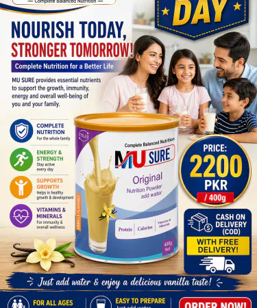 MU Sure (400g) complete balanced nutrition powder in a white sachet with water being mixed, showing a healthy drink ready to consume.