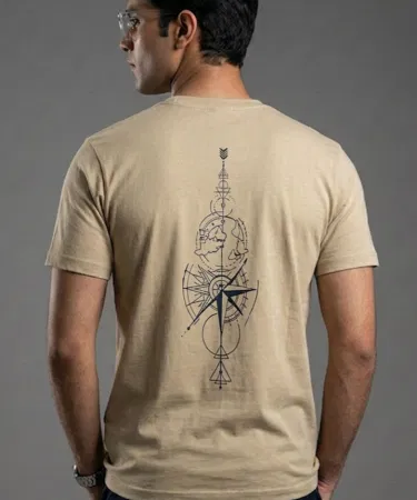 Men's Beige Pure Cotton T-Shirt with Compass Graphic - Premium Export Quality Cotton Tee - Khareedo Pakistan , imagecaption=Stylish Men's Beige Compass Graphic Cotton T-Shirt featuring soft export-quality fabric and regular fit, available with Check on Delivery across Pakistan exclusively at Khareedo & Kharedo.