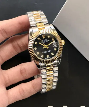 Women two tone rolex style watch round dial fluted bezel stainless steel chain Pakistan