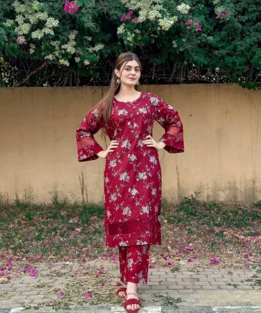 Maroon floral embroidered cotton 2 piece suit for women sold in Pakistan