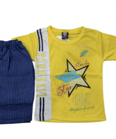 Yellow kids t-shirt and blue striped pants set fine jersey summer outfit sold in Pakistan