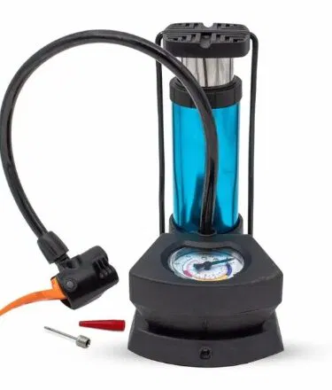 Portable foot and hand air pump with pressure gauge for car, bike, and cycle tires, balls, and inflatables.