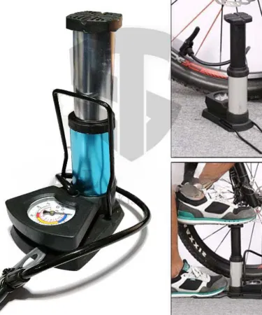 Portable foot and hand air pump with pressure gauge for car, bike, and cycle tires, balls, and inflatables.