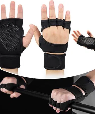 Black neoprene gym gloves with wrist support for unisex fitness training in Pakistan