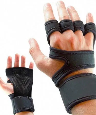 Black neoprene gym gloves with wrist support for unisex fitness training in Pakistan